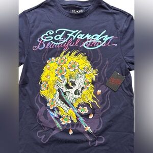 Ed Hardy “Beautiful‎ Ghost” Men’s Navy Blue T-Shirt Size Small NWTS Skull Ghost